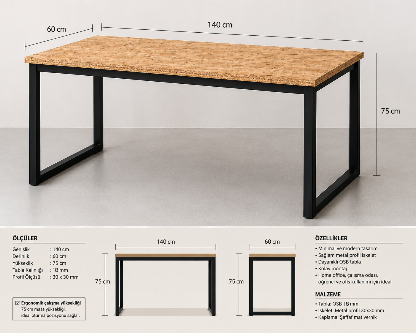 ÇALIŞMA MASASI OSB TABLA 140X60X75CM ÇALIŞMA MASASI OSB TABLA 140X60X75CM - Görsel 2